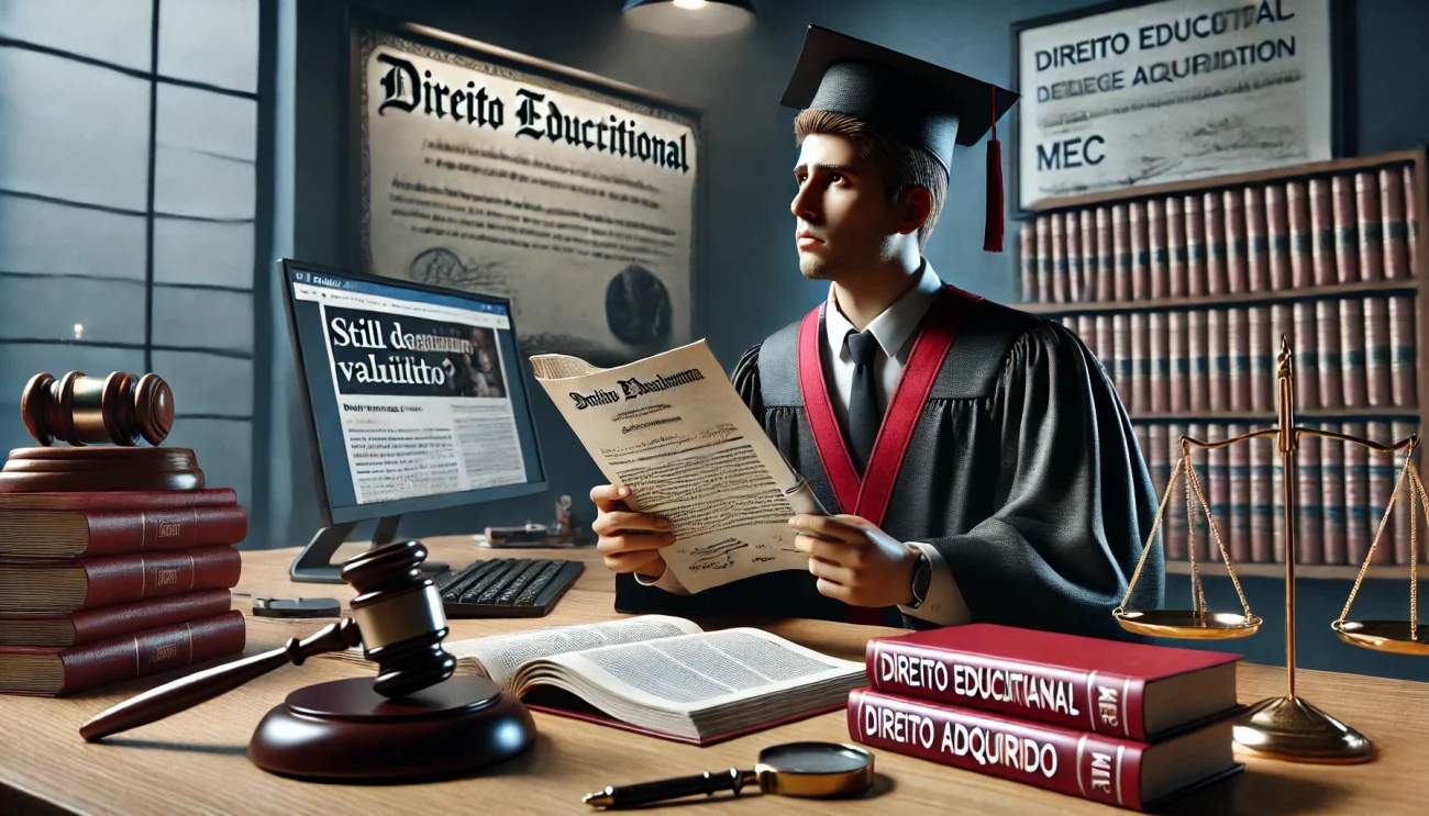 Ilustração jurídica representando a validade de um diploma universitário e o direito adquirido, mesmo após o descredenciamento da faculdade pelo MEC.