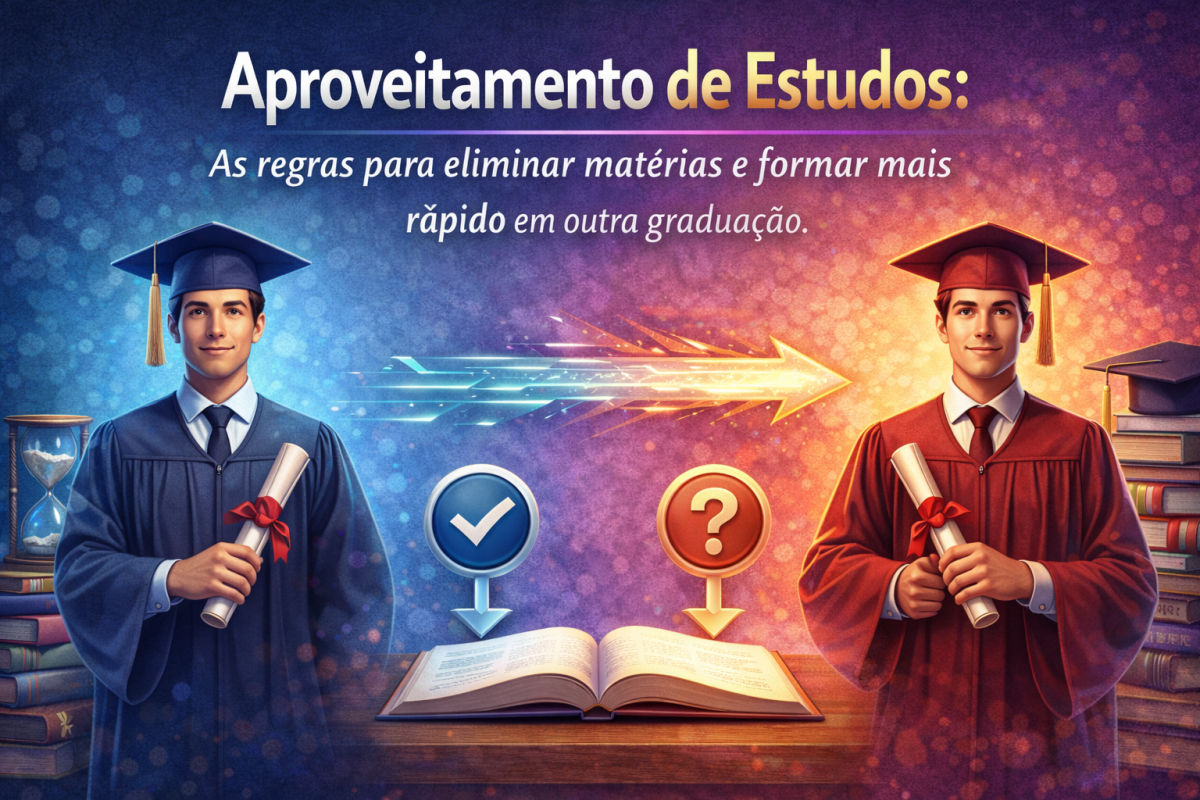 Estudante analisando grade curricular e documentos para solicitação de aproveitamento de estudos