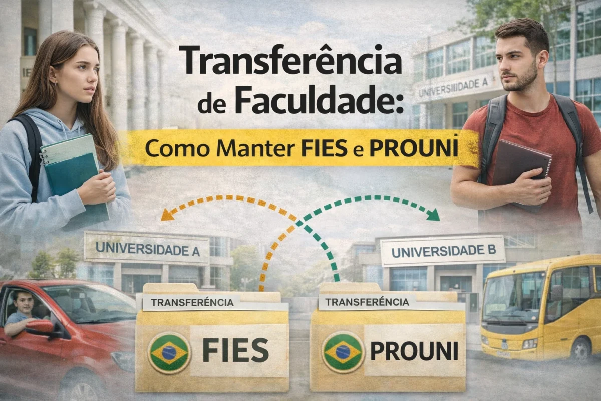 Estudante analisando documentos para transferência de faculdade com financiamento estudantil