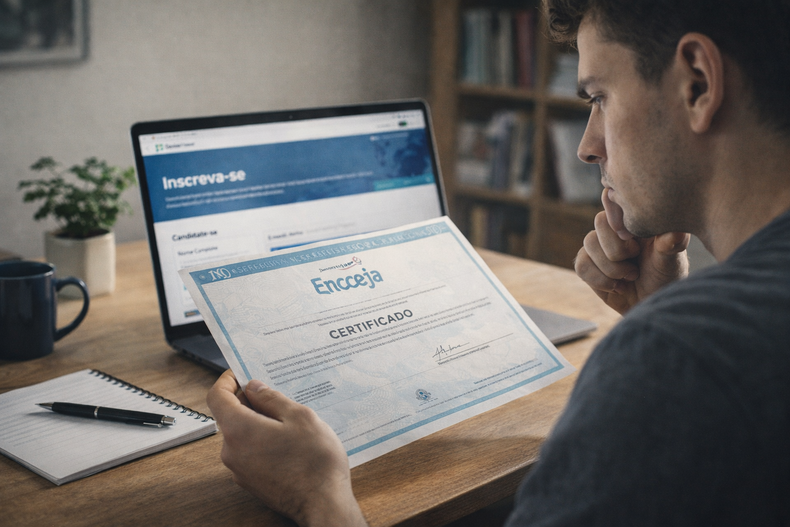 Estudante segurando o certificado do Encceja na frente de uma universidade